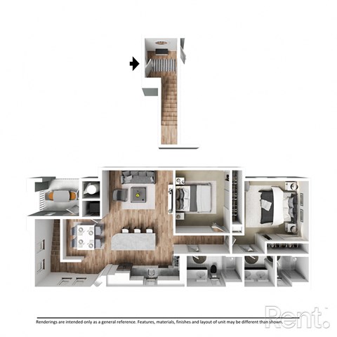 Floor plan for 2 beds, 2 baths, 1167 sqft